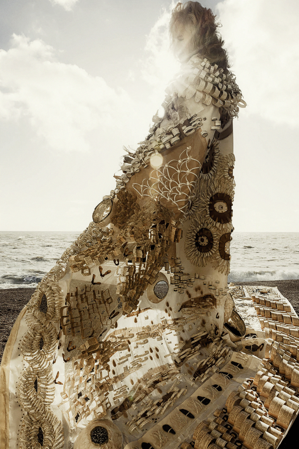 A beautiful see-through coat with intricate paper inserts weaved into it is worn by a person standing by the seashore