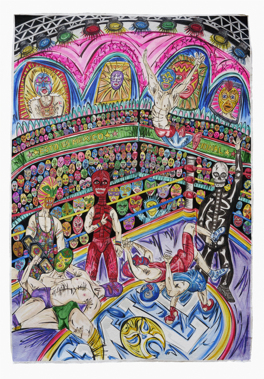Colourful artwork representing a Mexican wrestling match